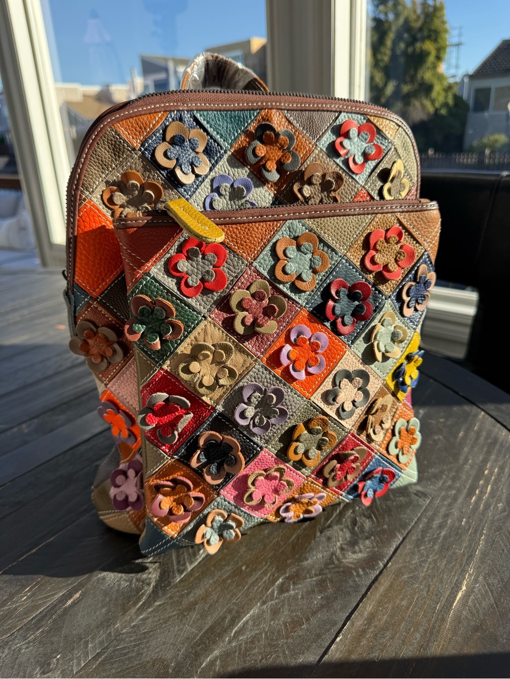 Multicolor Floral Appliqué Crossbody leather Bag - Women